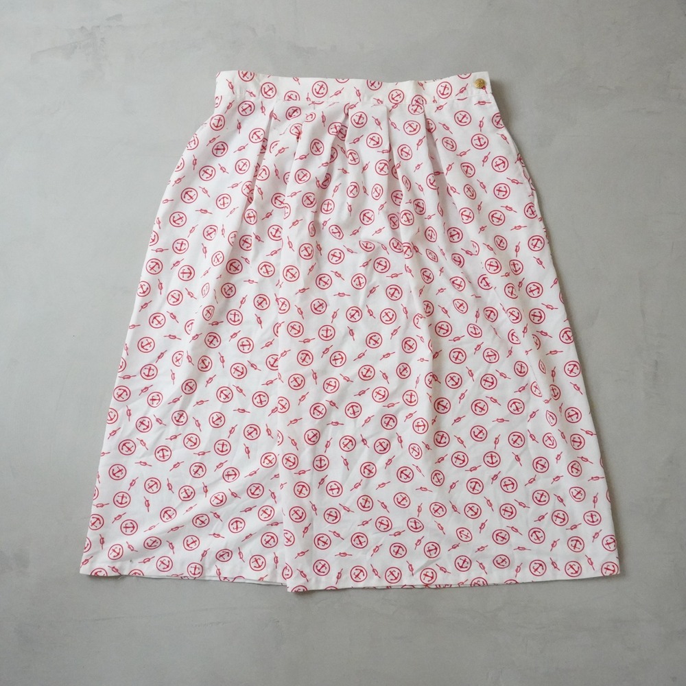 Vintage Anchor Print Midi Skirt Medium Womens White Red Pleated Coastal